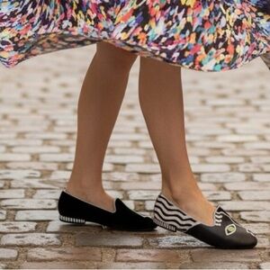 Nicholas Kirkwood Black Slip-On Flats with Lime Eye Graphic